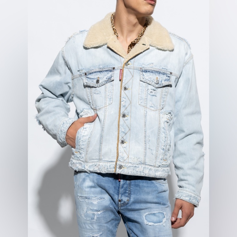 DSQUARE2 over jean jacket distressed denim/fur light blue jacket 48/M NWT